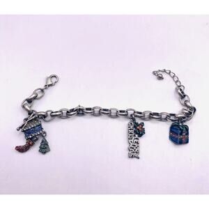 VINTAGE MERRY CHRISTMAS Rhinestone Enamel CHARM BRACELET Gift, Christmas Tree J3